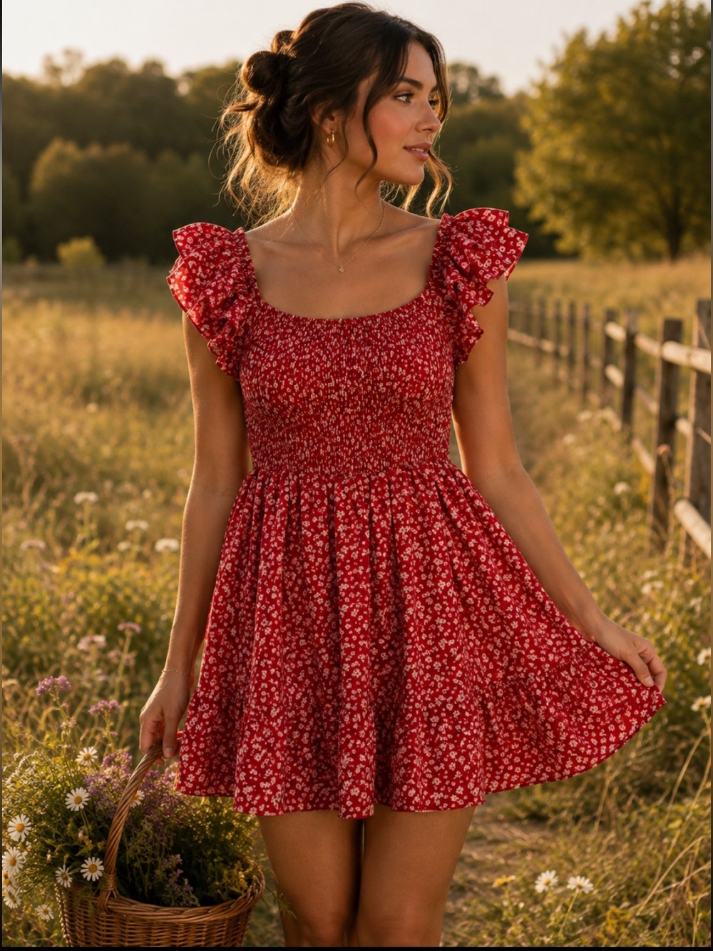SHEIN Red White Floral Smocked Shirred Ruffle Sleeve Mini Dress L Large